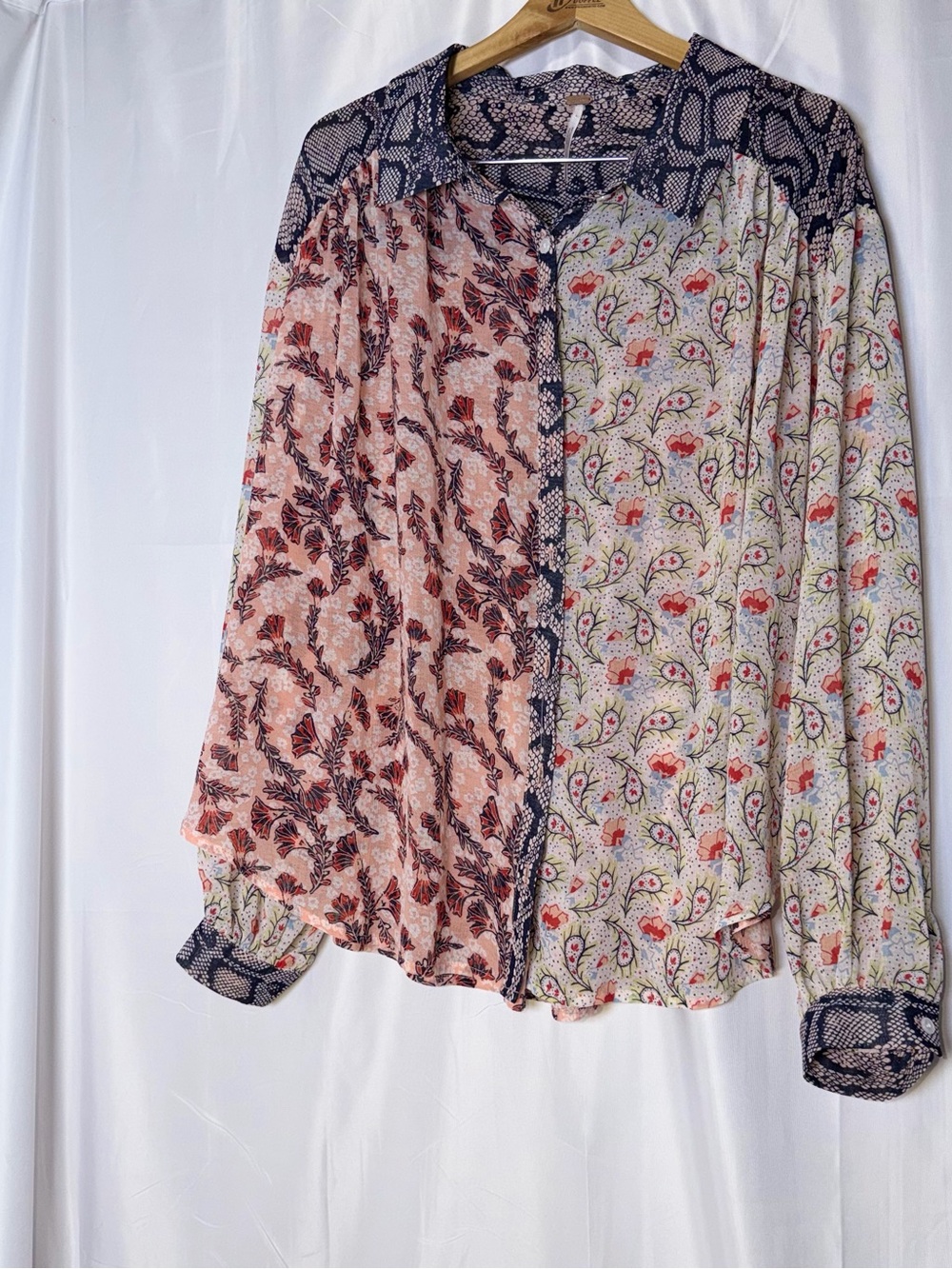 Free People Mixed Floral Top in Pink and Cream with Navy Trim #100